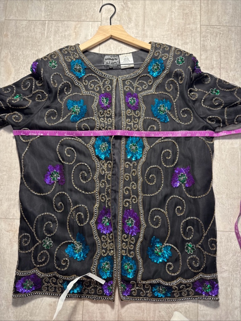 Vintage jean for Joseph LeBon Embellished silk Black Sequin Floral Jacket Sz L - Picture 5 of 8